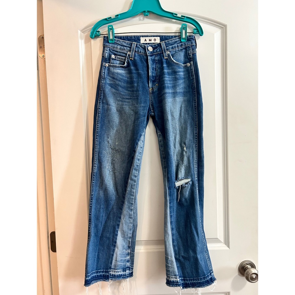 AMO‎ Two-Tone Distressed High Rise Straight Leg Jeans Blue Button Fly Raw Hem